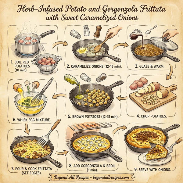 Herb-Infused Potato and Gorgonzola Frittata with Sweet Caramelized Onions instructions