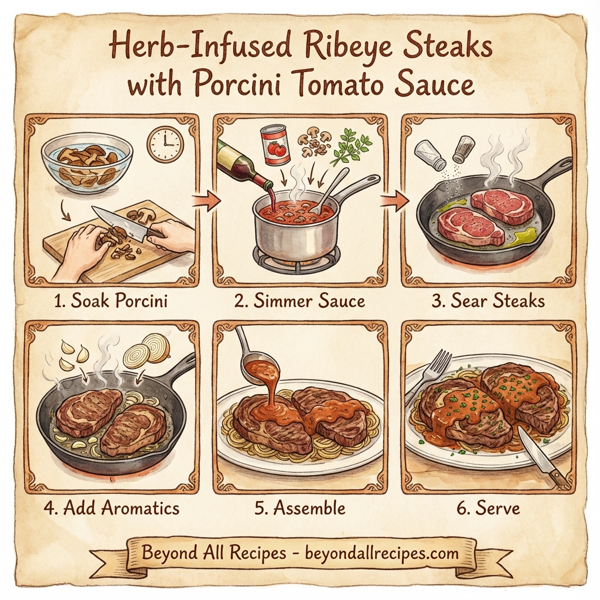 Herb-Infused Ribeye Steaks with Porcini Tomato Sauce instructions