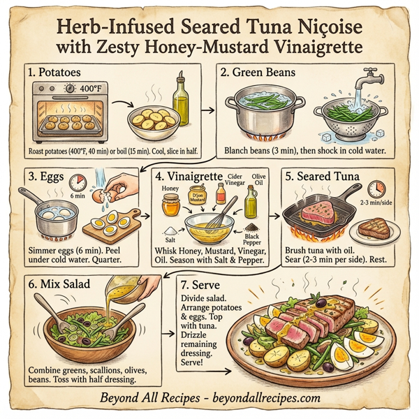 Herb-Infused Seared Tuna Niçoise with Zesty Honey-Mustard Vinaigrette instructions