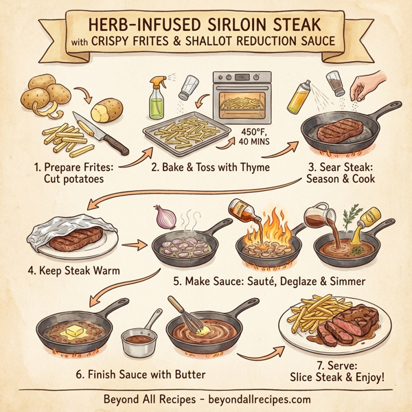 Herb-Infused Sirloin Steak with Crispy Frites and Shallot Reduction Sauce instructions