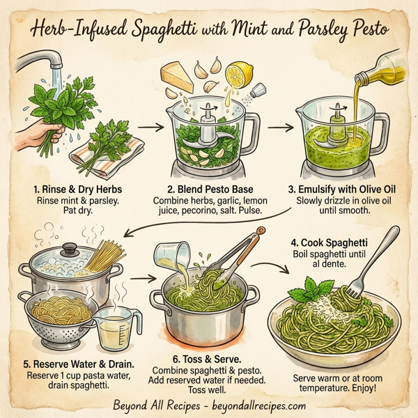 Herb-Infused Spaghetti with Mint and Parsley Pesto instructions