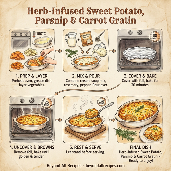Herb-Infused Sweet Potato, Parsnip & Carrot Gratin instructions