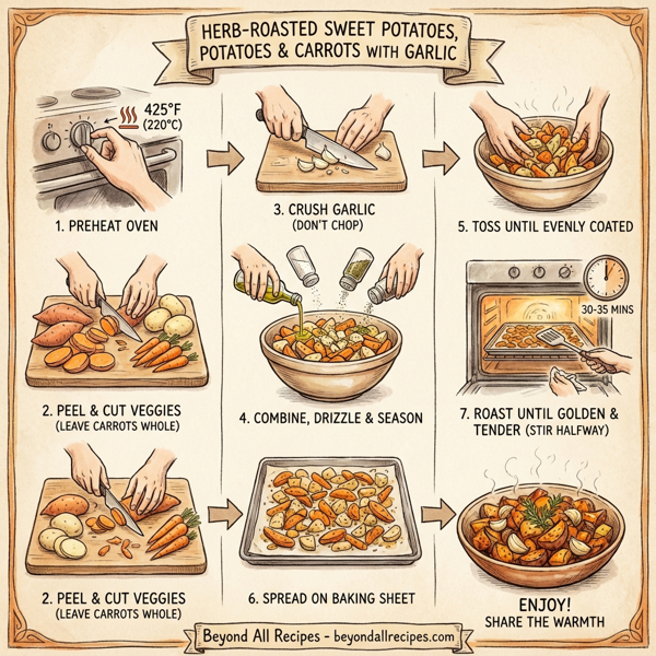 Herb-Roasted Sweet Potatoes, Potatoes, and Carrots with Garlic instructions