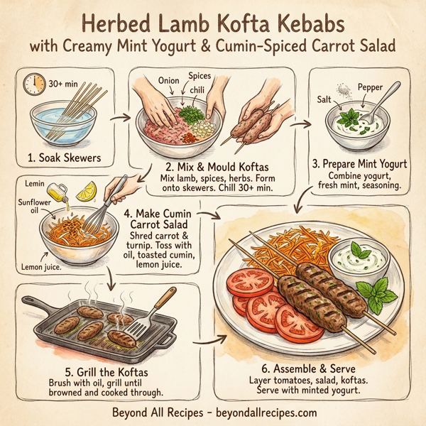 Herbed Lamb Kofta Kebabs with Creamy Mint Yogurt and Cumin-Spiced Carrot Salad instructions