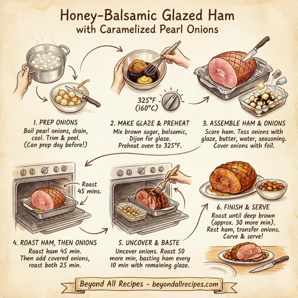Honey-Balsamic Glazed Ham with Caramelized Pearl Onions instructions