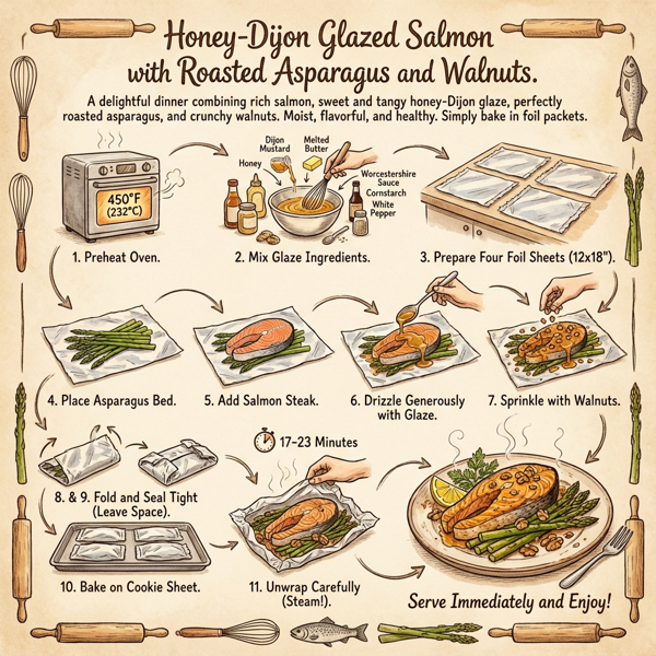 Honey-Dijon Glazed Salmon with Roasted Asparagus and Walnuts instructions