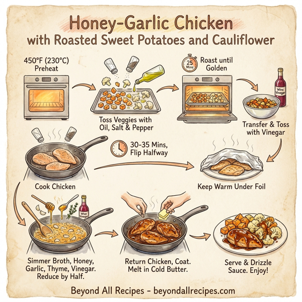 Honey-Garlic Chicken with Roasted Sweet Potatoes and Cauliflower instructions