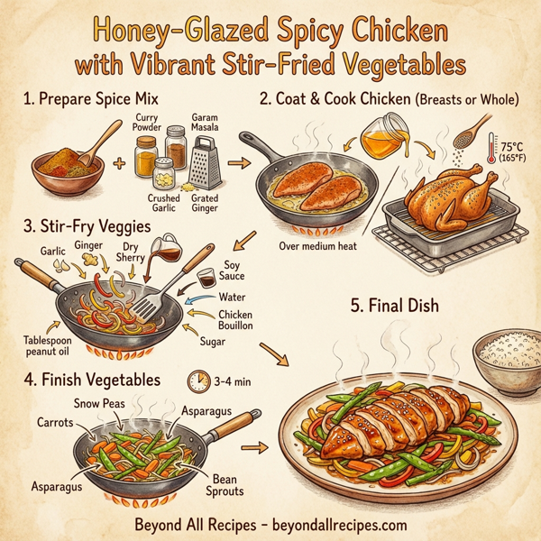 Honey-Glazed Spicy Chicken with Vibrant Stir-Fried Vegetables instructions