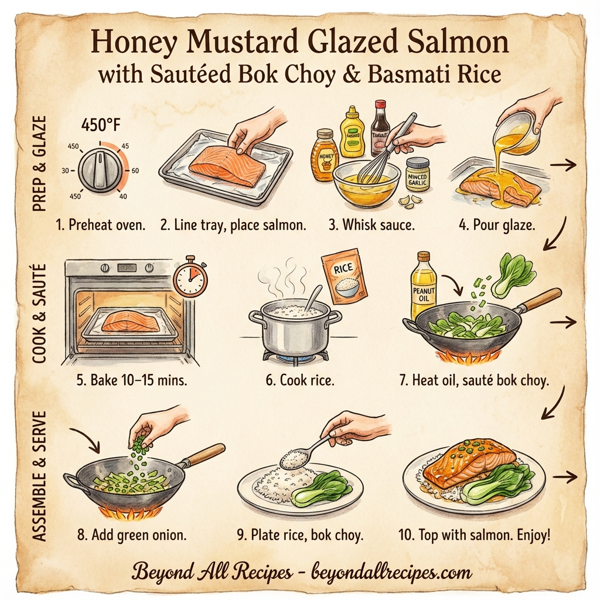 Honey Mustard Glazed Salmon with Sautéed Bok Choy and Basmati Rice instructions