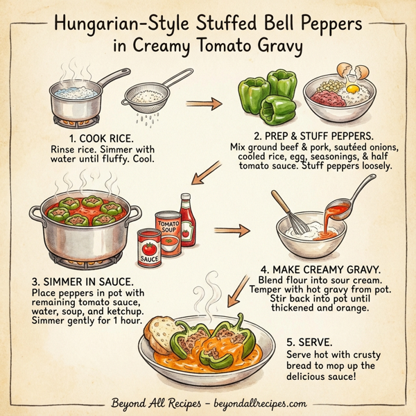 Hungarian-Style Stuffed Bell Peppers in Creamy Tomato Gravy instructions