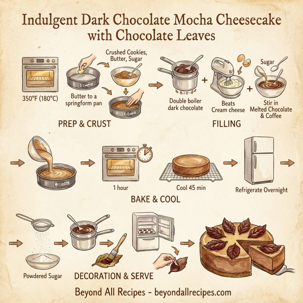 Indulgent Dark Chocolate Mocha Cheesecake with Chocolate Leaves instructions