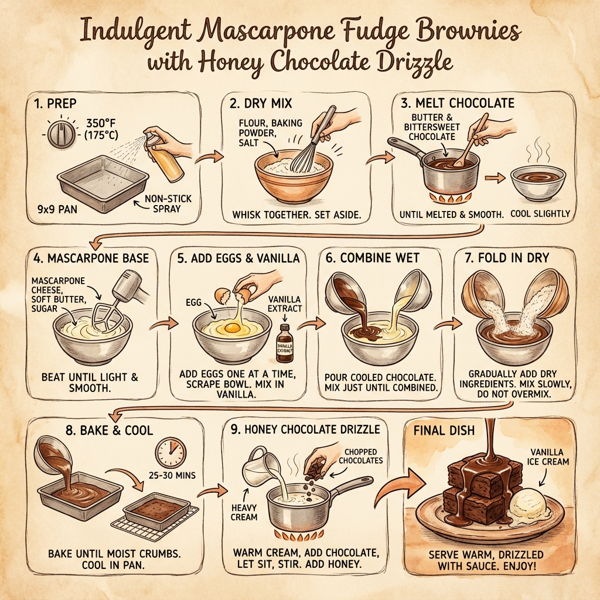 Indulgent Mascarpone Fudge Brownies with Honey Chocolate Drizzle instructions