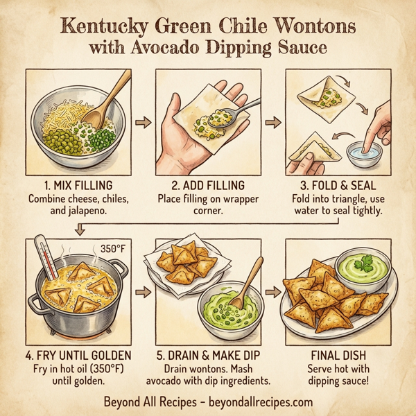 Kentucky Green Chile Wontons with Avocado Dipping Sauce instructions