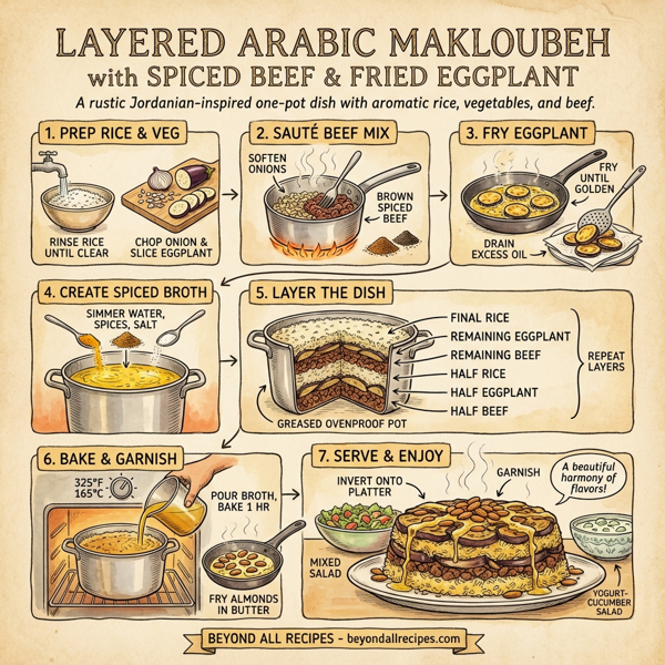 Layered Arabic Makloubeh with Spiced Beef and Fried Eggplant instructions