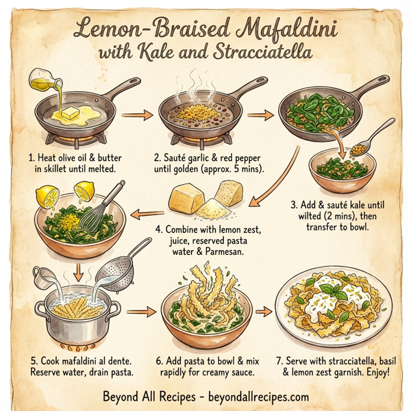 Lemon-Braised Mafaldini with Kale and Stracciatella instructions