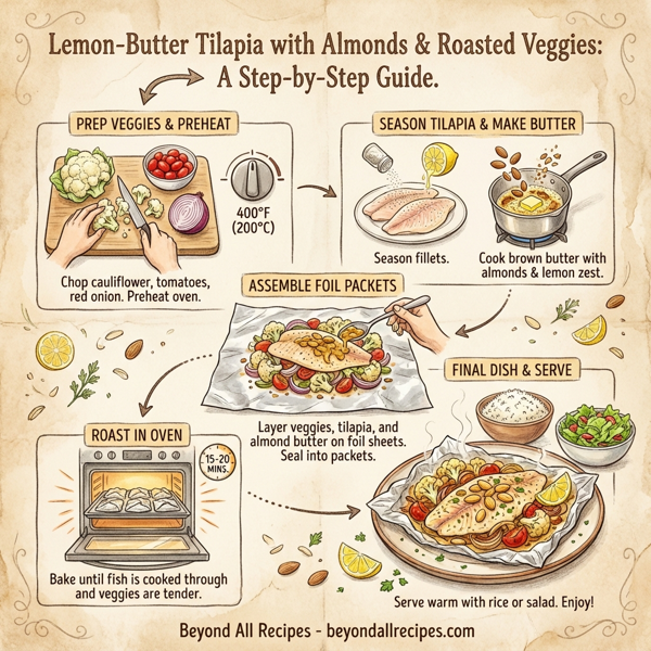 Lemon-Butter Tilapia with Almonds and Roasted Veggies instructions