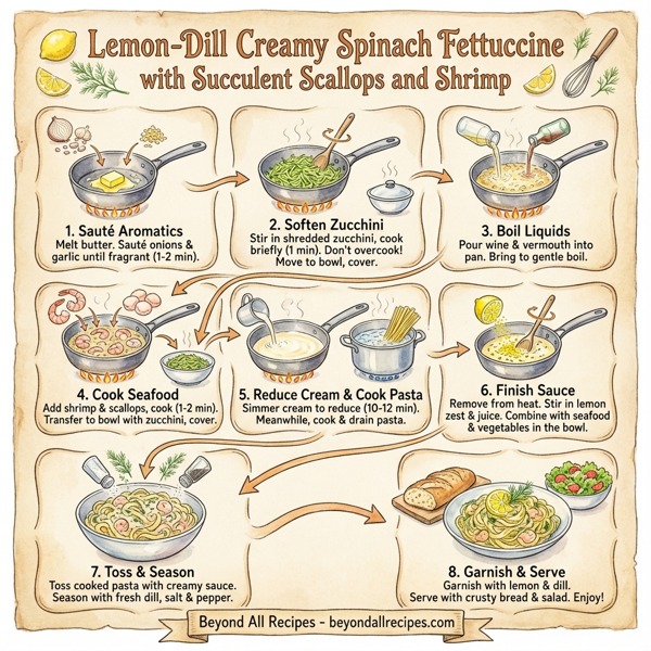 Lemon-Dill Creamy Spinach Fettuccine with Succulent Scallops and Shrimp instructions