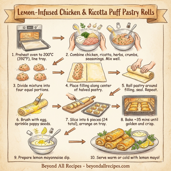 Lemon-Infused Chicken & Ricotta Puff Pastry Rolls instructions