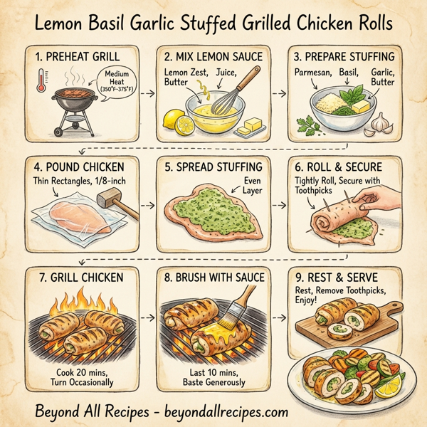 Lemon Basil Garlic Stuffed Grilled Chicken Rolls instructions