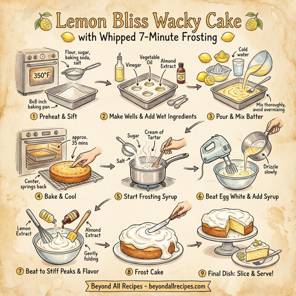 Lemon Bliss Wacky Cake with Whipped 7-Minute Frosting instructions