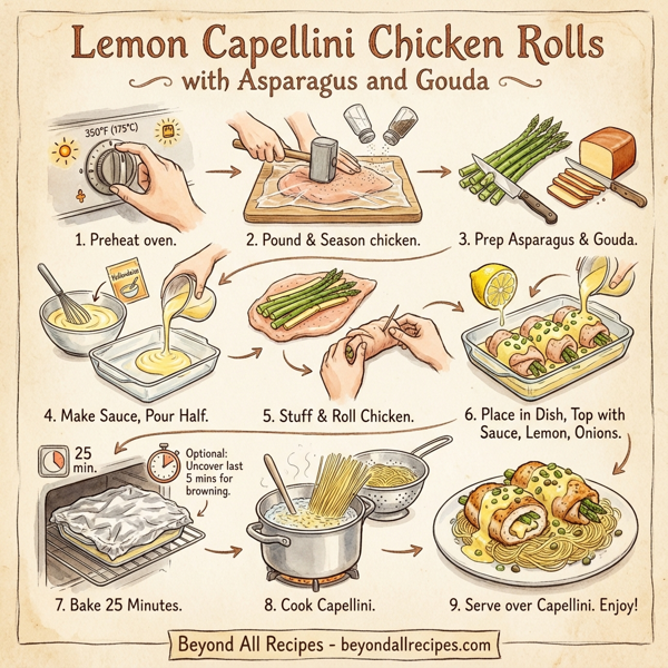 Lemon Capellini Chicken Rolls with Asparagus and Gouda instructions