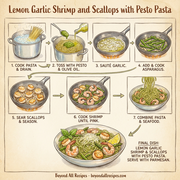 Lemon Garlic Shrimp and Scallops with Pesto Pasta instructions