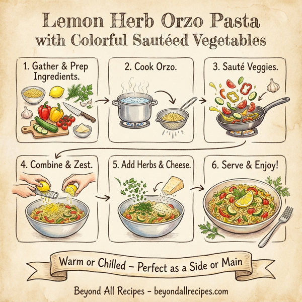 Lemon Herb Orzo Pasta with Colorful Sautéed Vegetables instructions