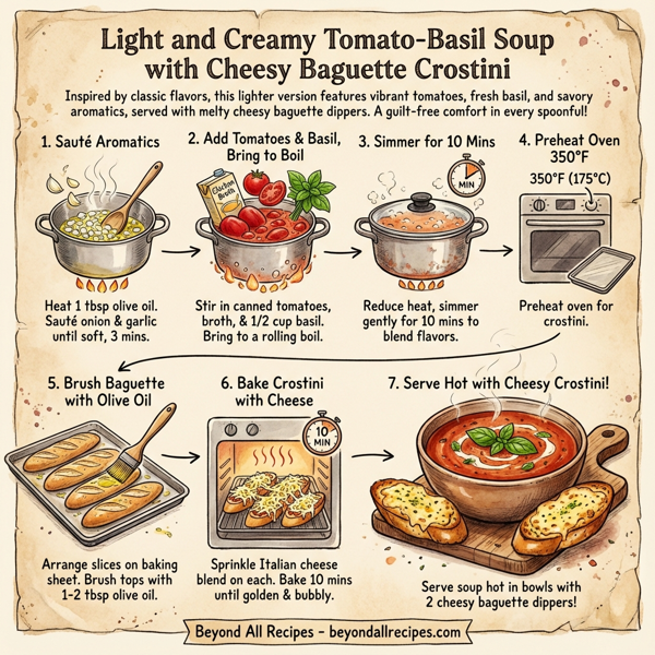 Light and Creamy Tomato-Basil Soup with Cheesy Baguette Crostini instructions