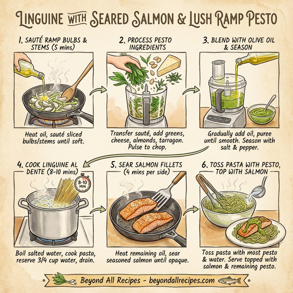 Linguine with Seared Salmon and Lush Ramp Pesto instructions