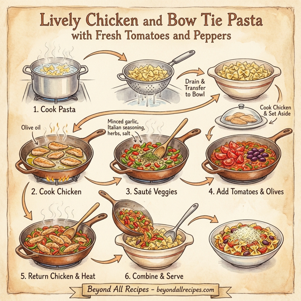 Lively Chicken and Bow Tie Pasta with Fresh Tomatoes and Peppers instructions