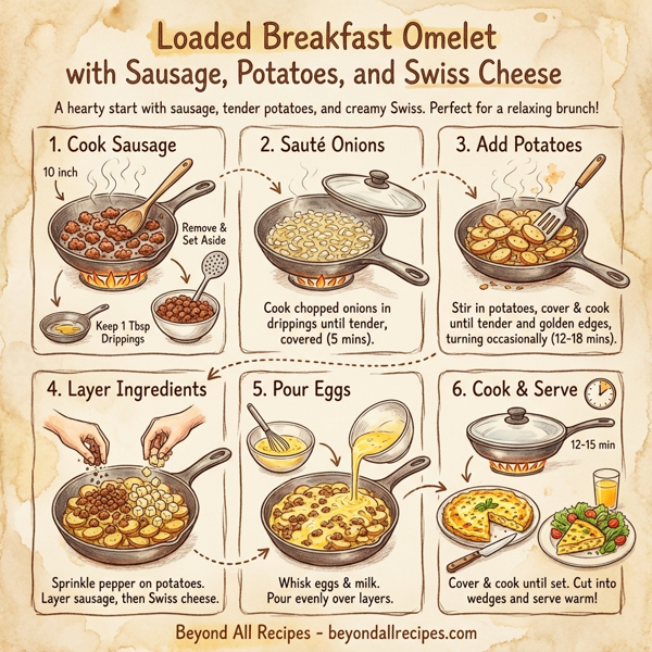 Loaded Breakfast Omelet with Sausage, Potatoes, and Swiss Cheese instructions