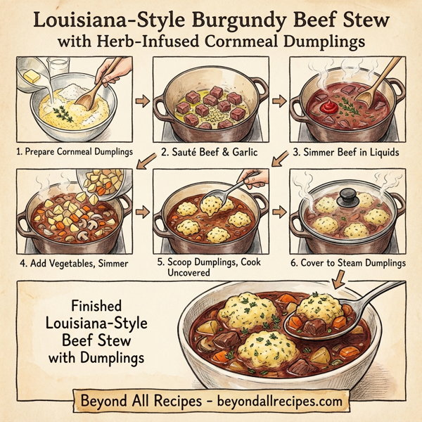 Louisiana-Style Burgundy Beef Stew with Herb-Infused Cornmeal Dumplings instructions