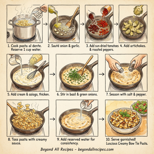 Luscious Creamy Bow Tie Pasta with Sun-dried Tomatoes, Roasted Red Peppers, and Artichokes instructions