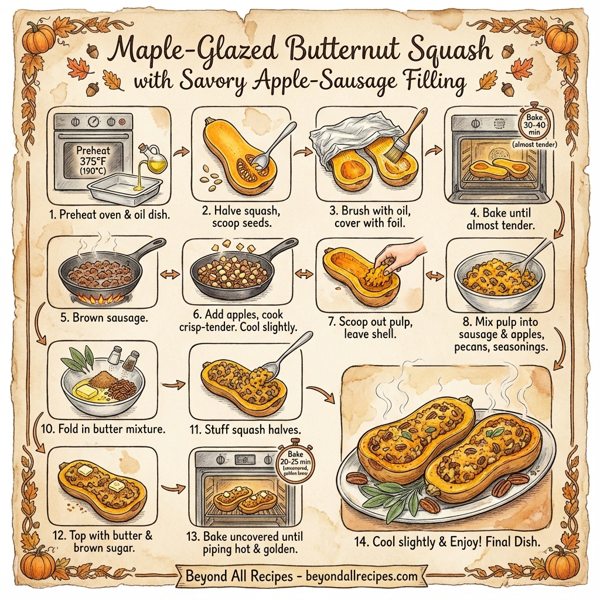 Maple-Glazed Butternut Squash with Savory Apple-Sausage Filling instructions