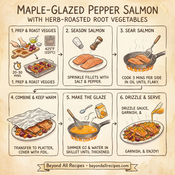 Maple-Glazed Pepper Salmon with Herb-Roasted Root Vegetables instructions