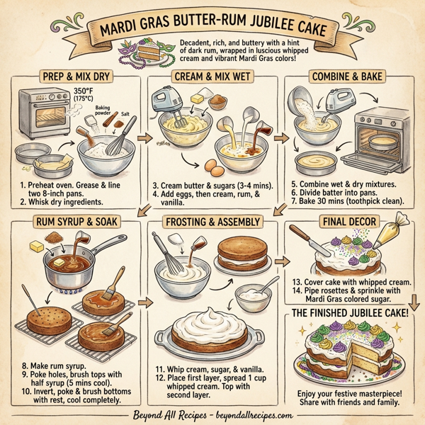 Mardi Gras Butter-Rum Jubilee Cake instructions