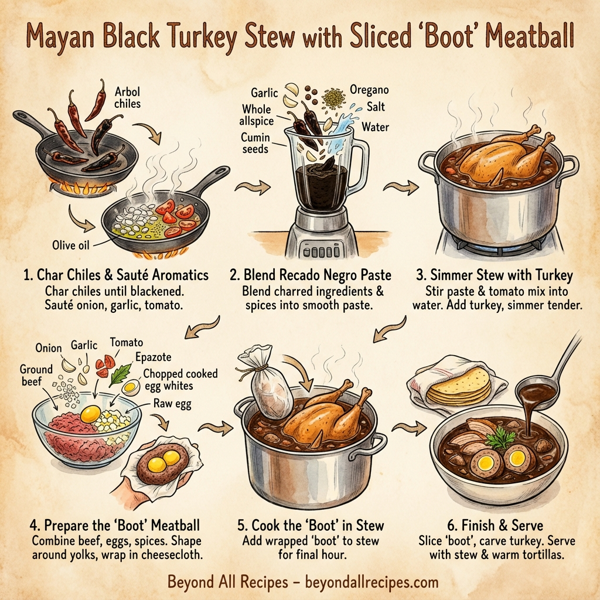 Mayan Black Turkey Stew with Sliced 'Boot' Meatball instructions