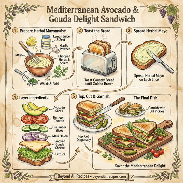 Mediterranean Avocado & Gouda Delight Sandwich instructions