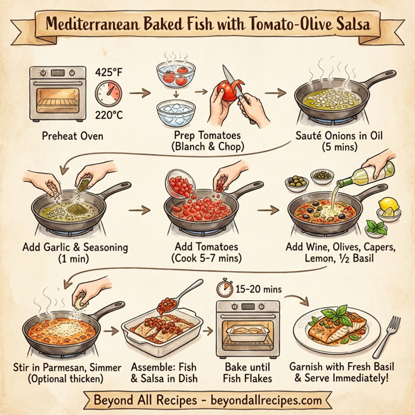 Mediterranean Baked Fish with Tomato-Molive Salsa instructions