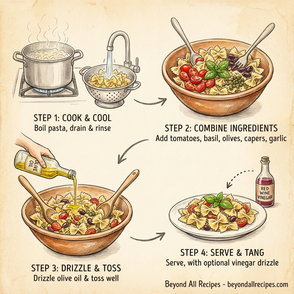 Mediterranean Bow Tie Pasta Salad with Tomato, Basil, and Capers instructions