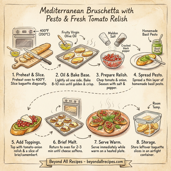 Mediterranean Bruschetta with Pesto and Fresh Tomato Relish instructions