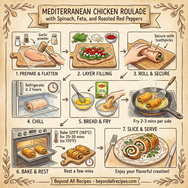 Mediterranean Chicken Roulade with Spinach, Feta, and Roasted Red Peppers instructions