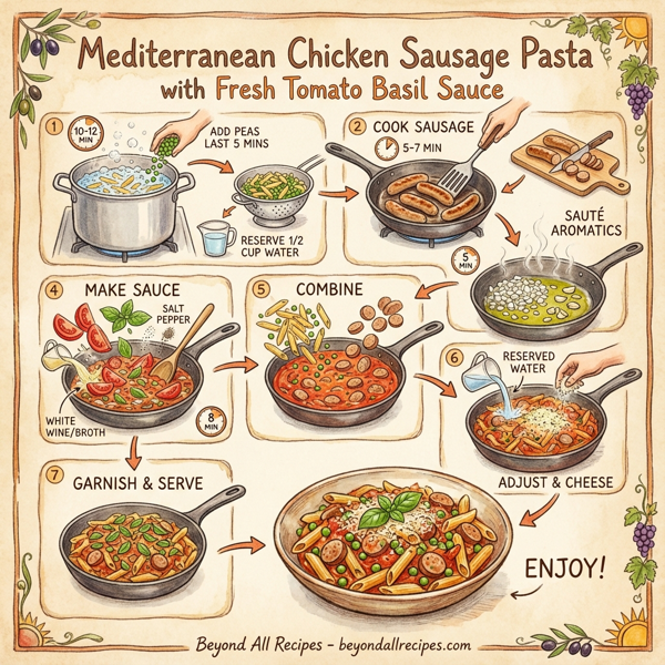Mediterranean Chicken Sausage Pasta with Fresh Tomato Basil Sauce instructions
