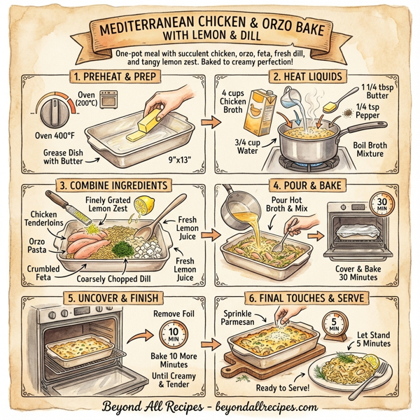 Mediterranean Chicken and Orzo Bake with Lemon and Dill instructions
