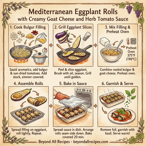 Mediterranean Eggplant Rolls with Creamy Goat Cheese and Herb Tomato Sauce instructions