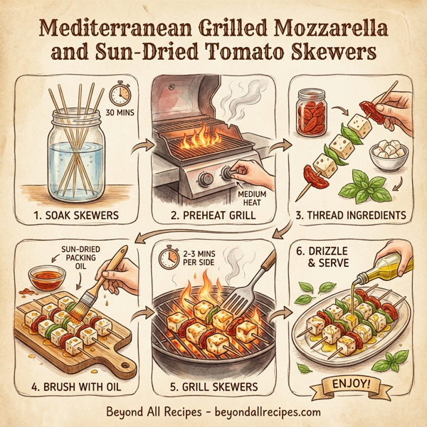 Mediterranean Grilled Mozzarella and Sun-Dried Tomato Skewers instructions