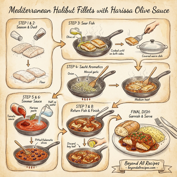 Mediterranean Halibut Fillets with Harissa Olive Sauce instructions
