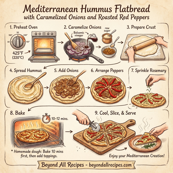 Mediterranean Hummus Flatbread with Caramelized Onions and Roasted Red Peppers instructions