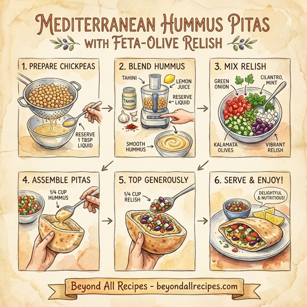 Mediterranean Hummus Pitas with Feta-Olive Relish instructions