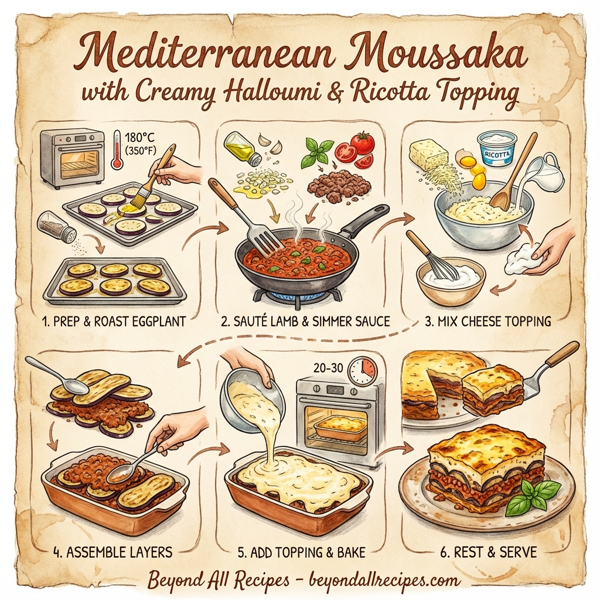 Mediterranean Moussaka with Creamy Halloumi & Ricotta Topping instructions